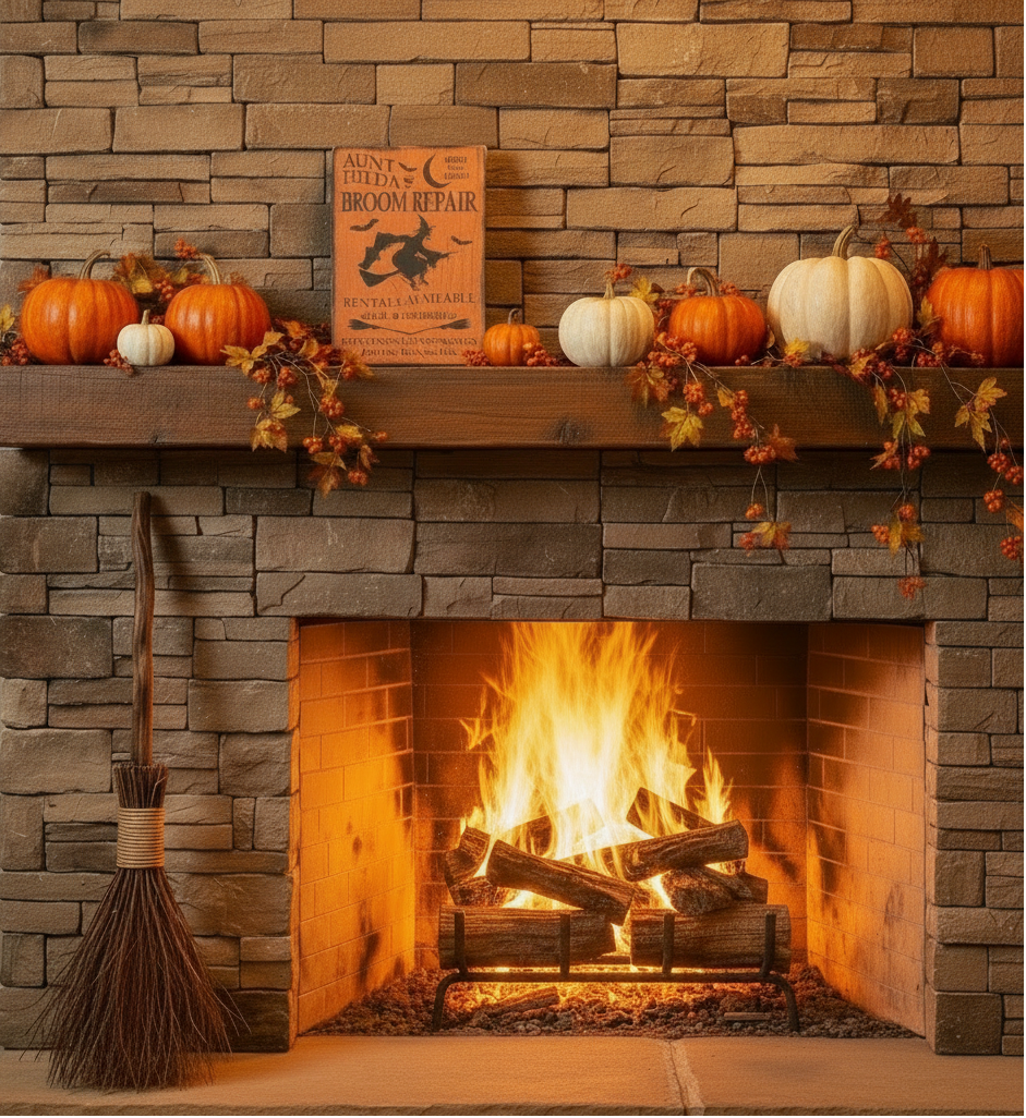 Fireplace with stone surround, lit fire, pumpkins on mantel, and Halloween-themed decor.