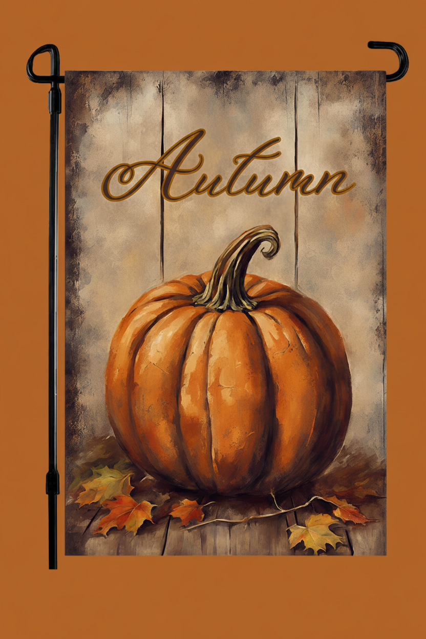 Decorative garden flag with a pumpkin and 'Autumn' text on a wooden background.
