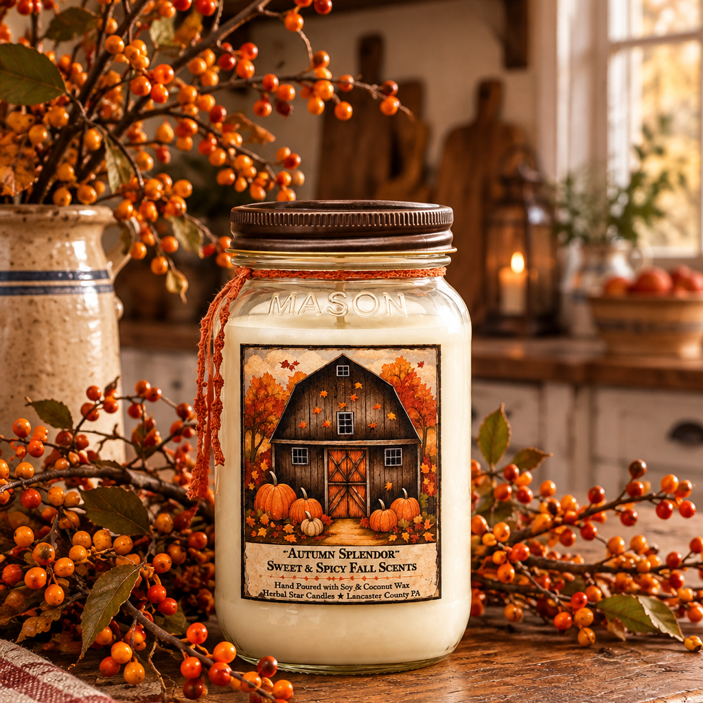 A jar candle labeled Autumn Solstice Scents sits on a rustic wooden table surrounded by fall decorations, including orange berries, a lantern, and a ceramic vase, with a warm kitchen background.