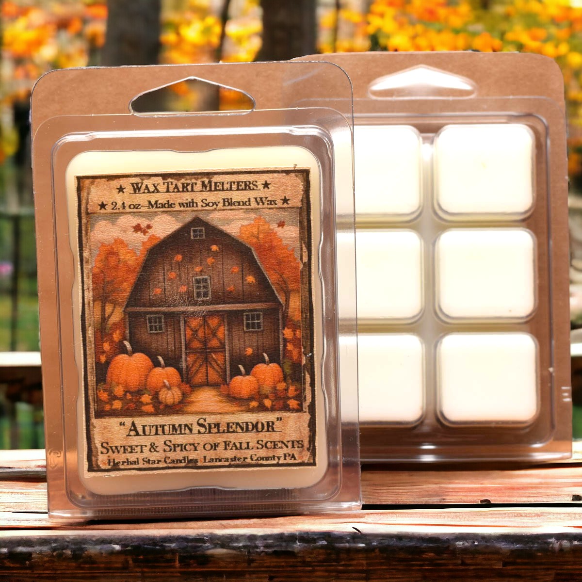 Clear packaging of wax melts with artwork featuring a barn and pumpkins