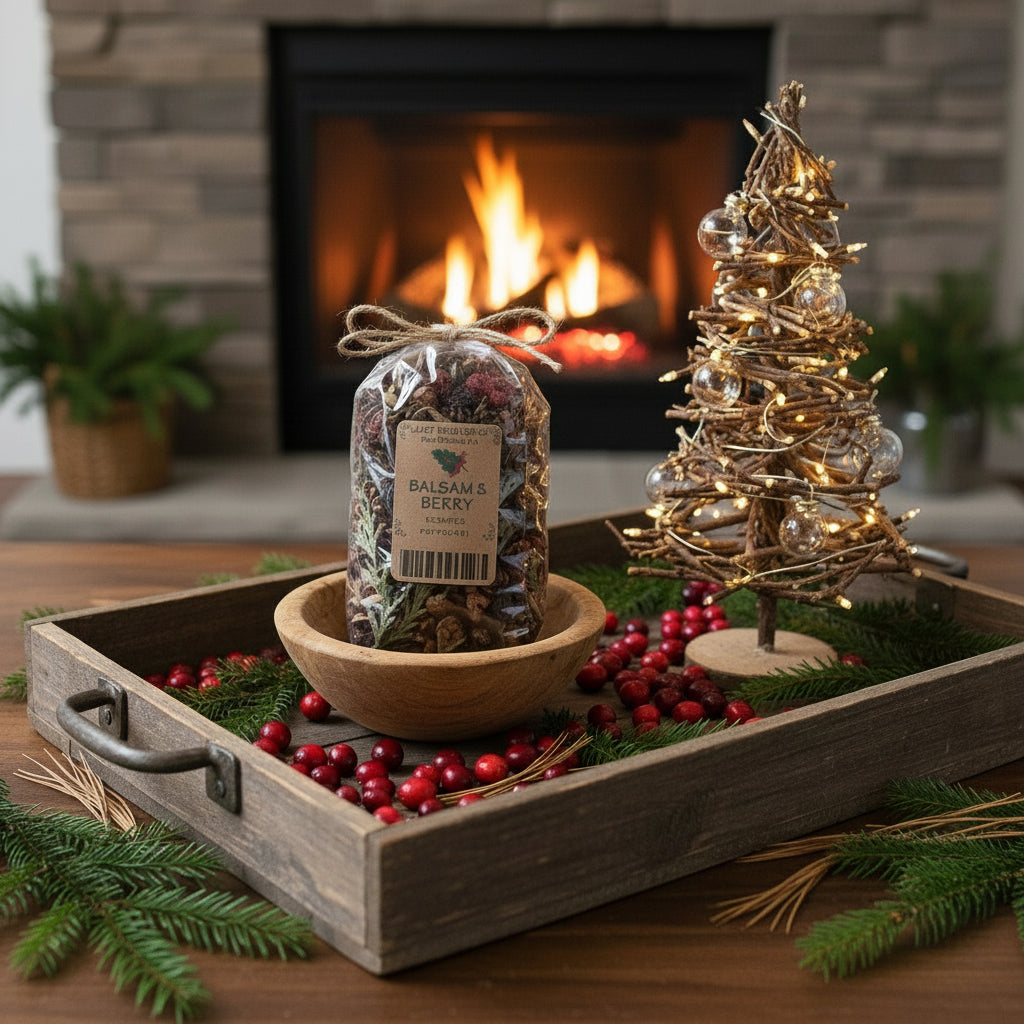 Decorative tray with Balsam & Berry package, small tree, and red berries in front of a fireplace.