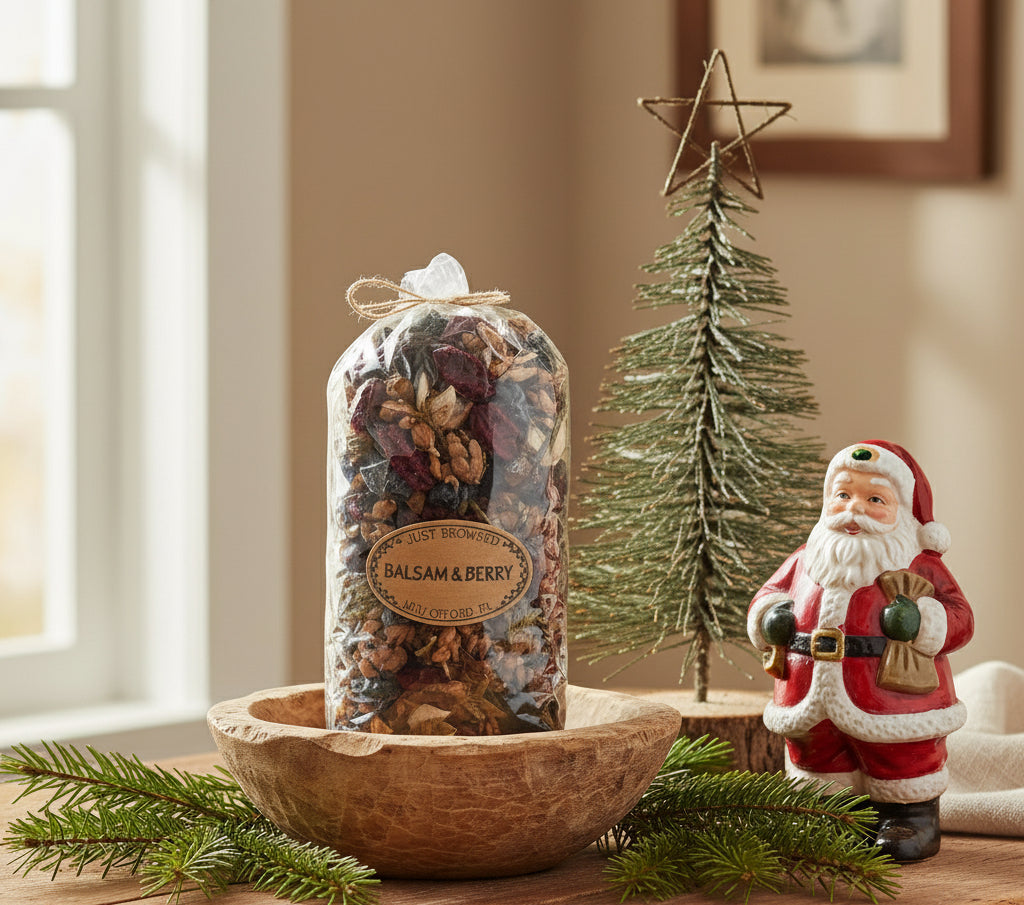 Decorative Christmas scene with a bag of 'Balsam & Berry', a wooden bowl, a small tree, and a Santa Claus figurine.