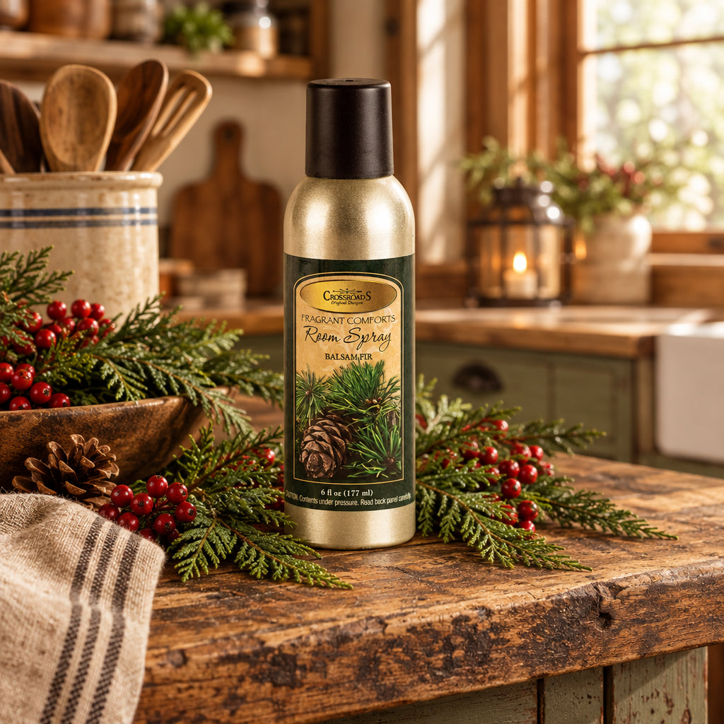 Room spray bottle with a label featuring pinecones and greenery on a white background