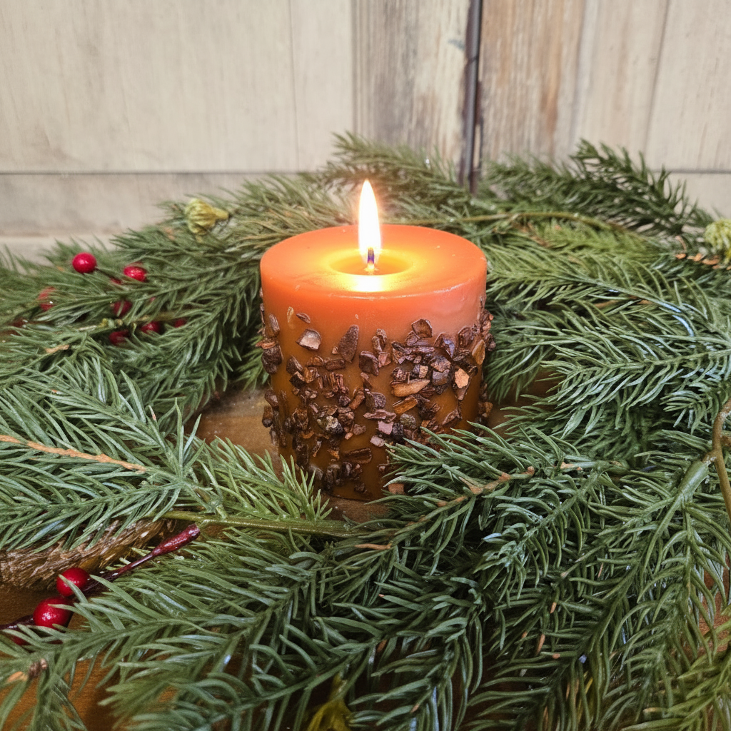 Pillar candle surrounded by candle ring with berries