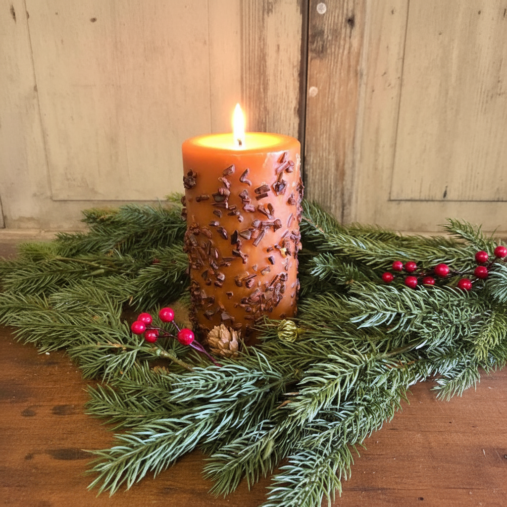 Decorative candle with pinecones and berries on a wooden table with greenery