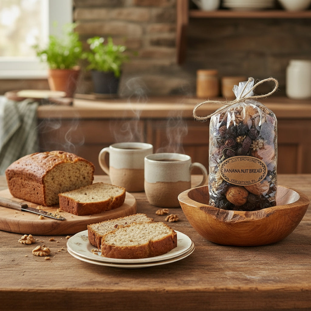 Bag of banana nut bread potpourri with decorative elements on a light background