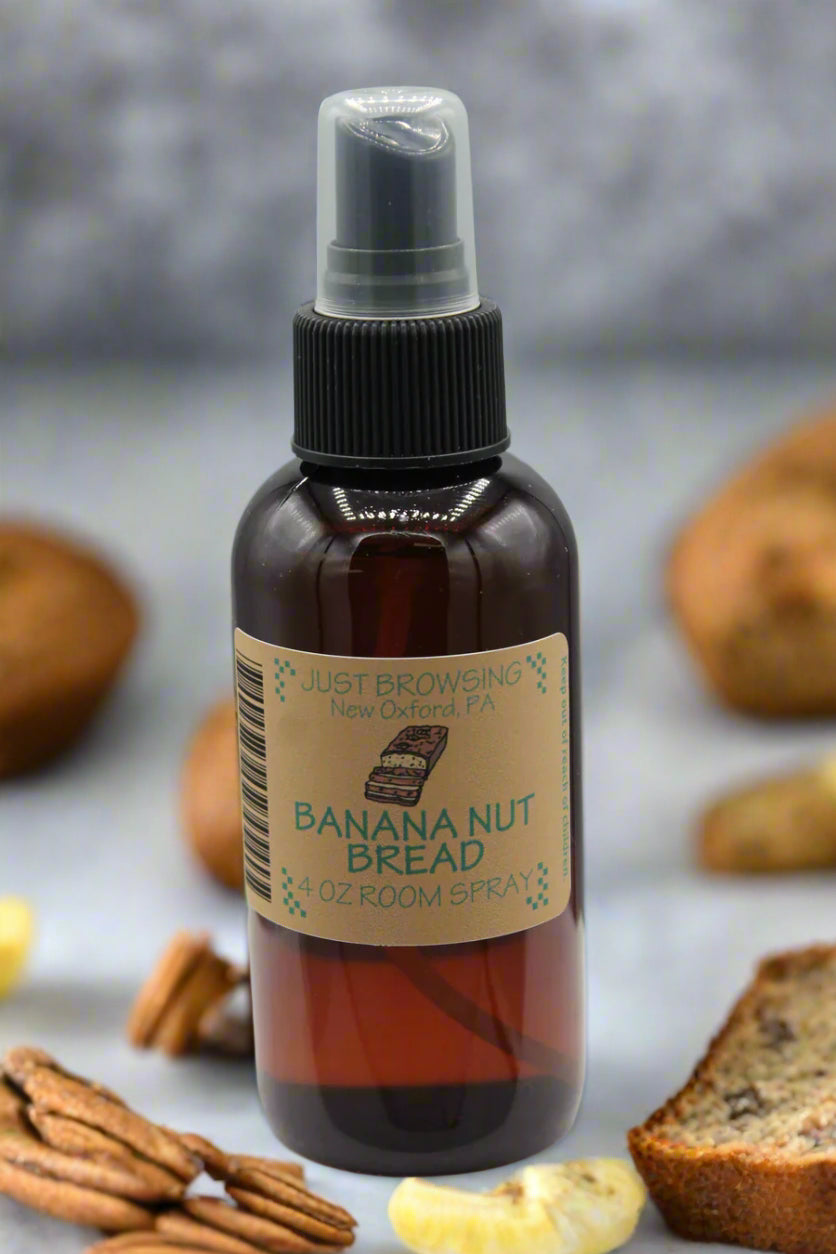 Brown glass bottle with a label reading 'Banana Nut Bread' on a gray background