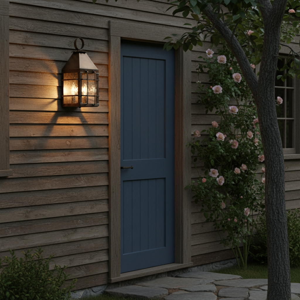 Wooden building with a blue door, wall-mounted light fixture, and climbing plants.