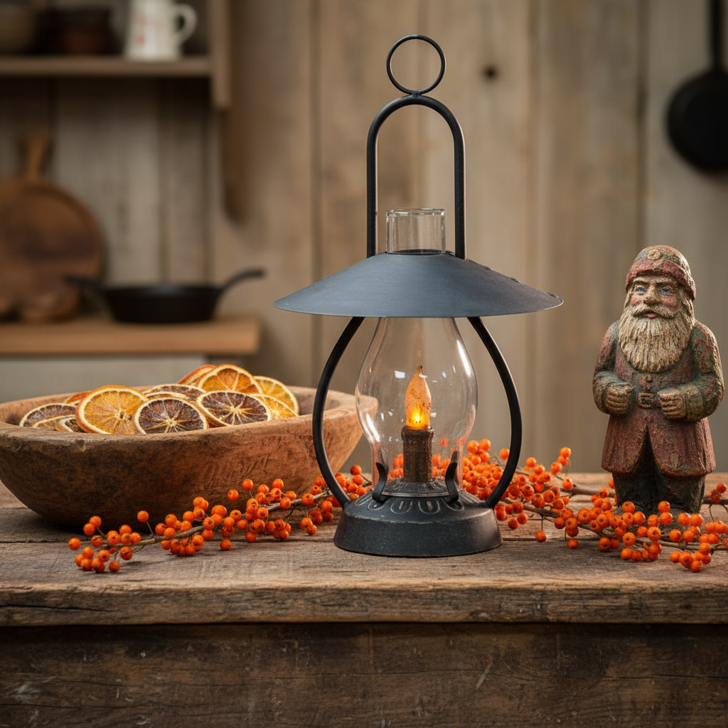 Decorative lantern with a lit candle on a wooden surface with oranges and a gnome figurine.