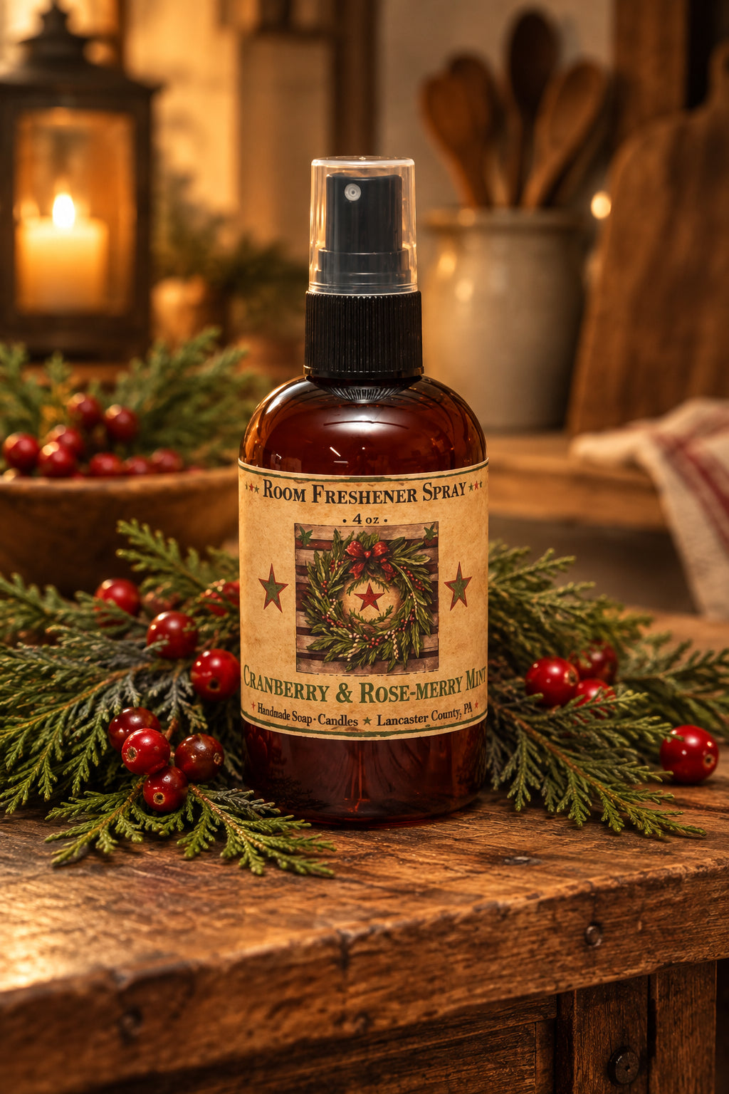 Room freshener spray bottle with a festive label on a wooden surface with blurred lights in the background