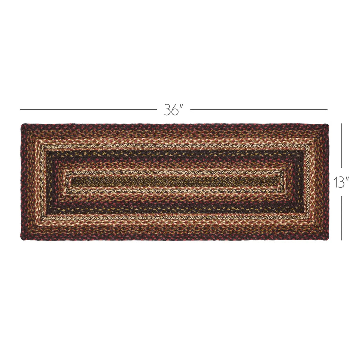A rectangular braided area rug shown from above on a white background, with dimension lines and labels indicating 36 inches by 13 inches.