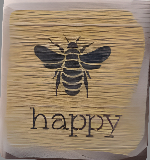 Weathered square wood sign with an illustration of a bee and the word "happy" underneath it.