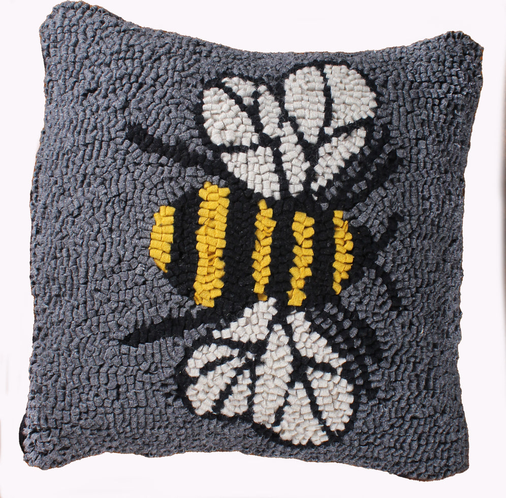 A square-shaped throw pillow with a hooked wool felt surface featuring a detailed bumble bee design in black, gray, and yellow colors, backed with cotton and poly filled for comfort.