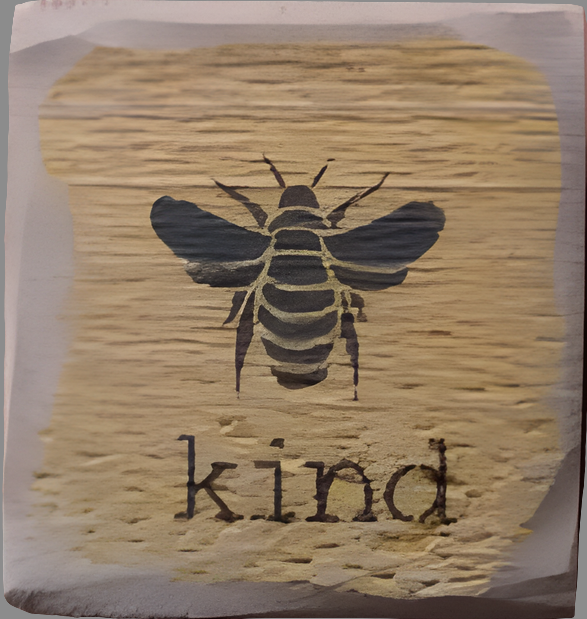A square wooden sign with a bee illustration and the word 'kind' written on it, with a mustard and black color scheme.