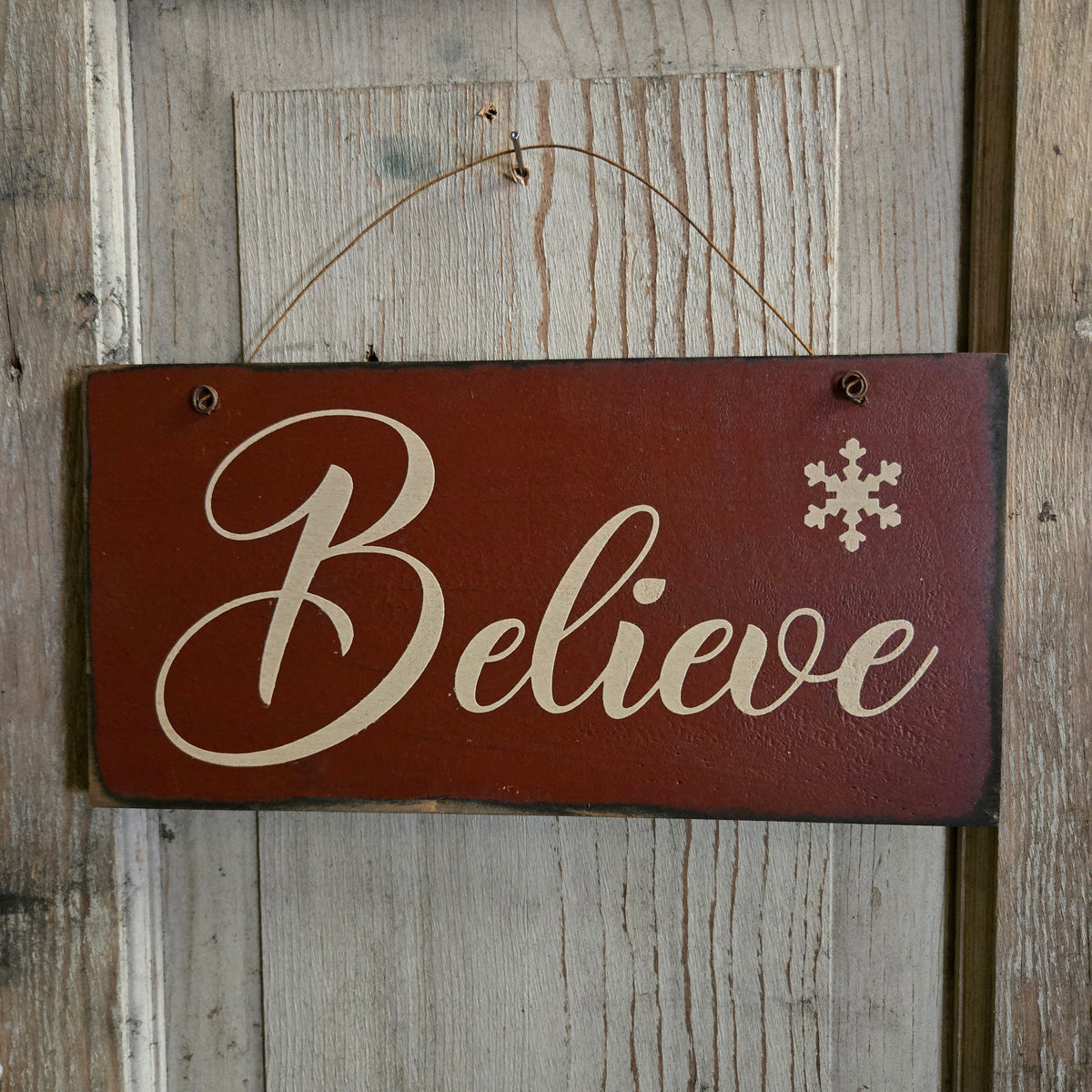 Believe with Snowflake Primitive Wood Sign