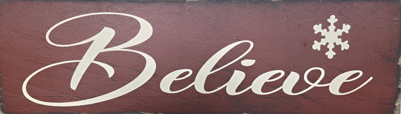 Wooden sign with 'Believe' and a snowflake on a red background