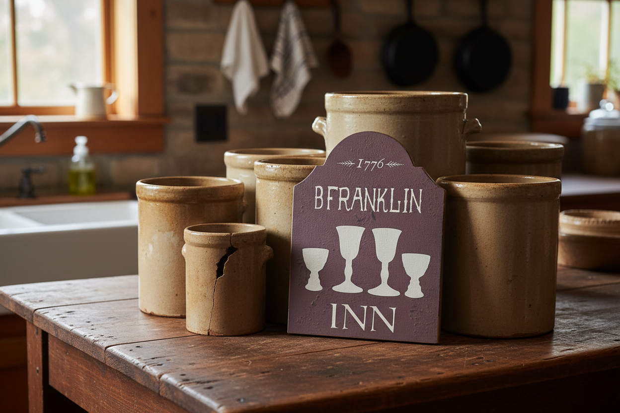 Set of ceramic pots on a wooden table with a sign reading 'B. Franklin Inn' in a rustic kitchen setting.