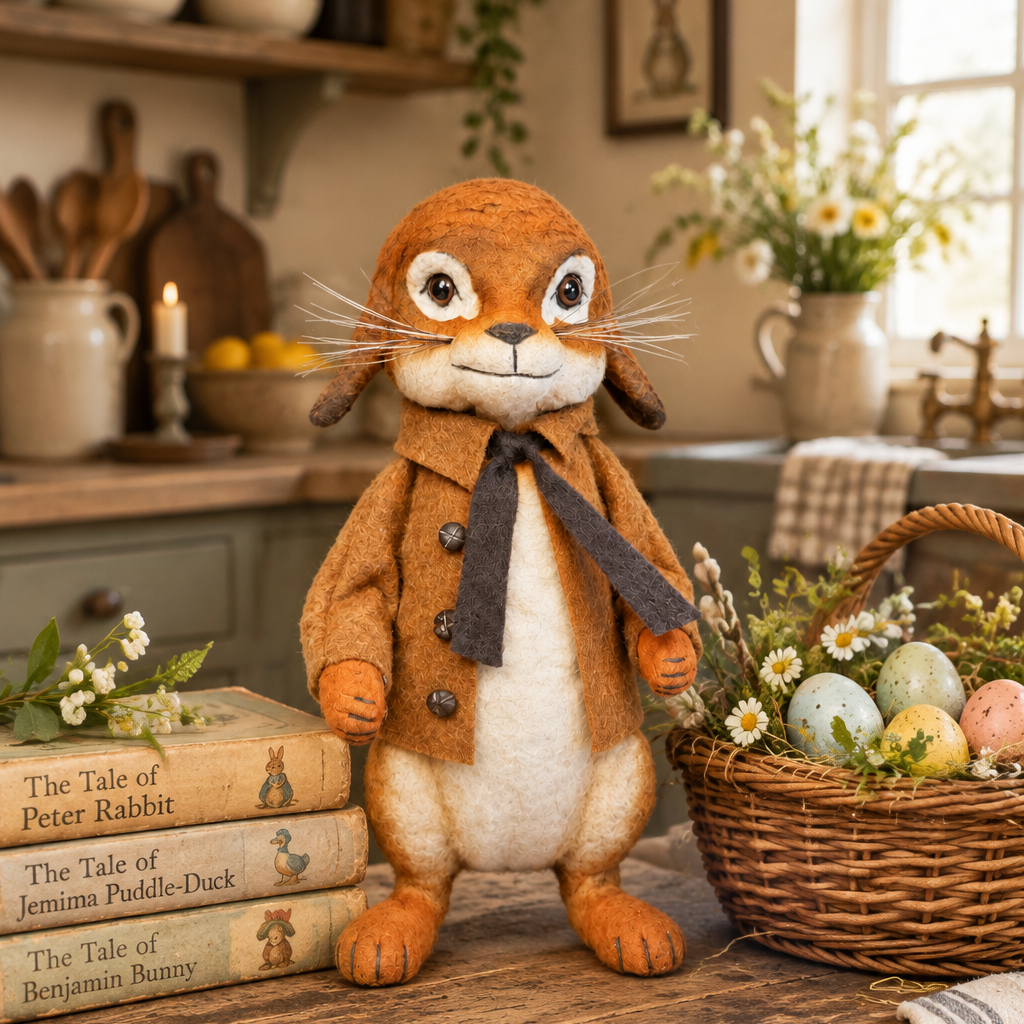 Handmade figurine depicting Benjamin Bunny next to an Easter Basket and Beatrix Potter books in a sunny kitchen.