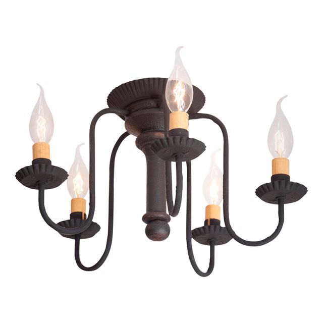 Black semi-flush mount wood ceiling light with five arms and E12/Candelabra sockets, featuring a textured black finish and poplar hardwood center.