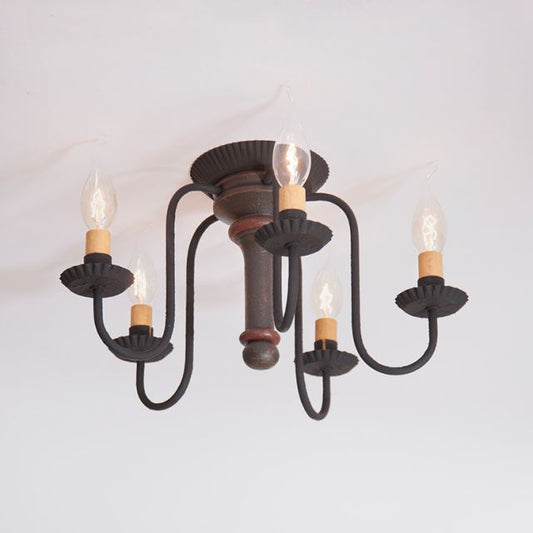 Vintage-style chandelier with five candle-like lights on a plain background