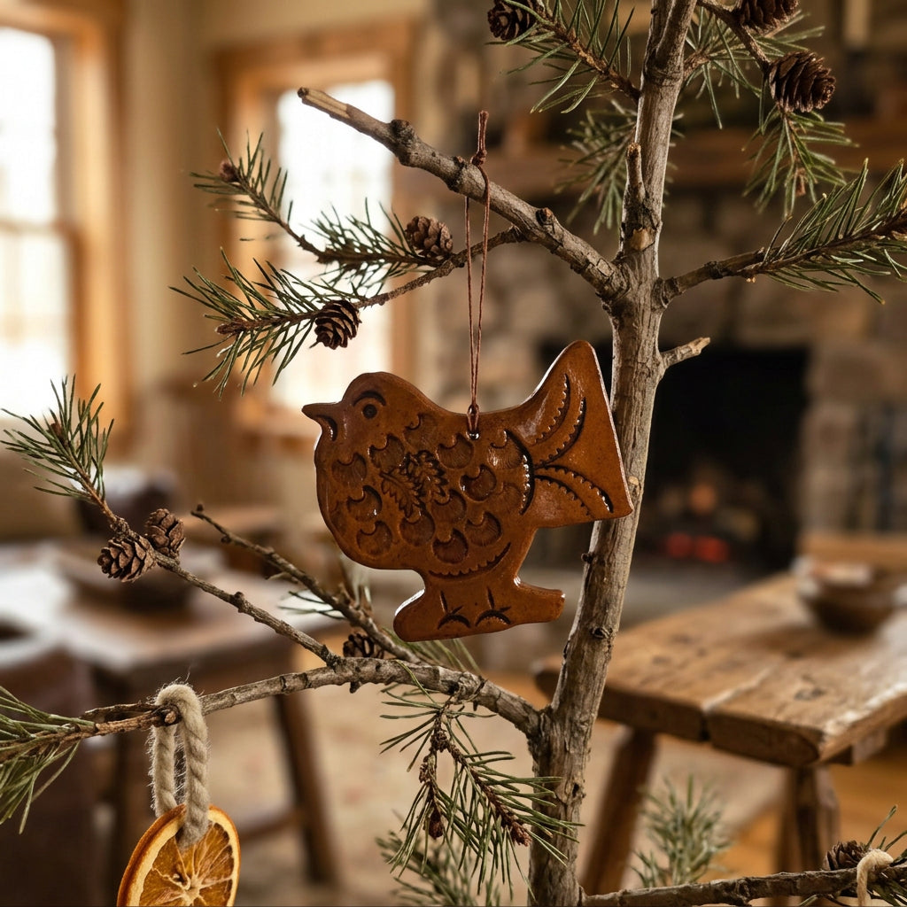 Bird-shaped redware ornament with a glossy brown glaze, stamped floral and feather details, an upturned tail, and a hanging cord.