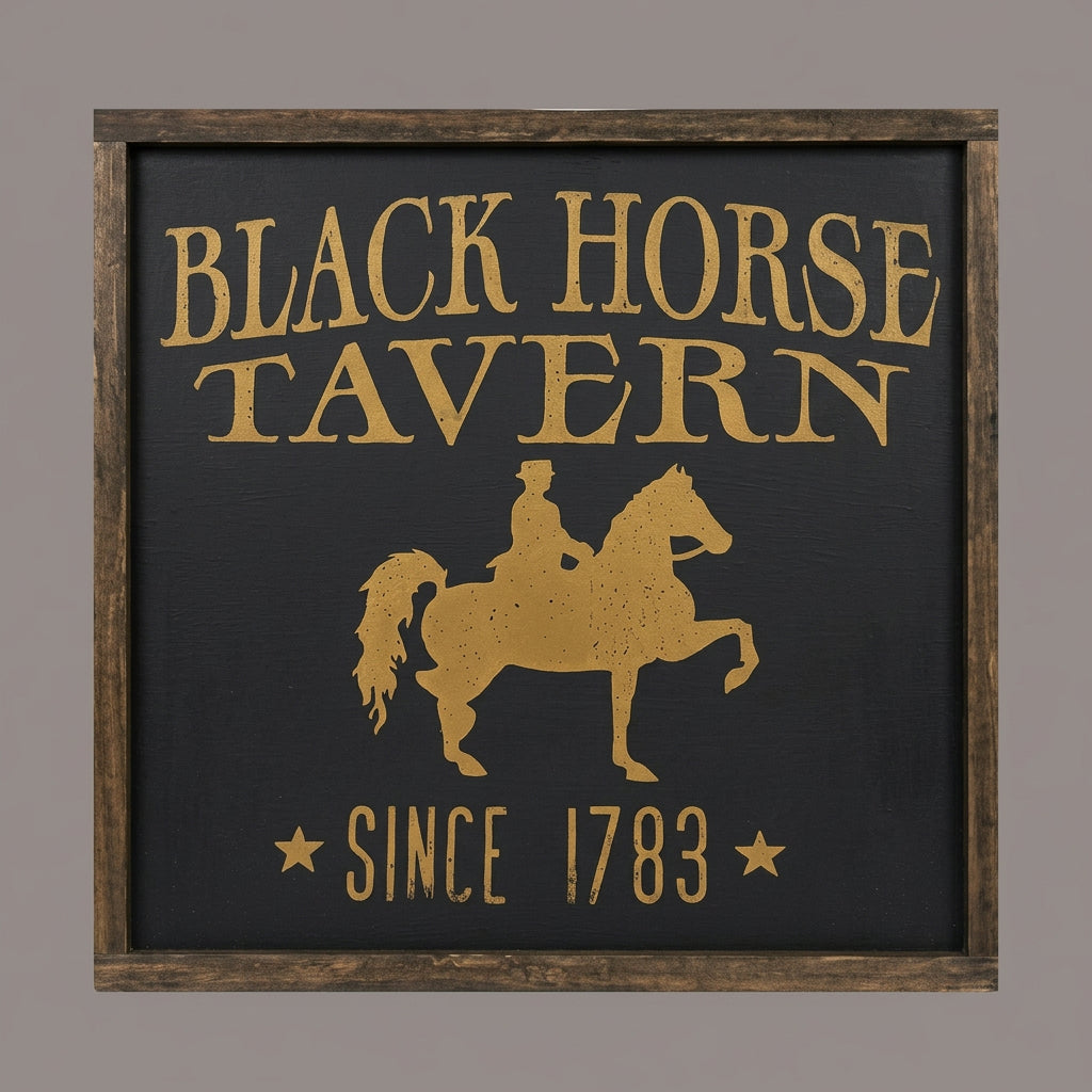 Sign in wood frame with a horse rider silhouette.