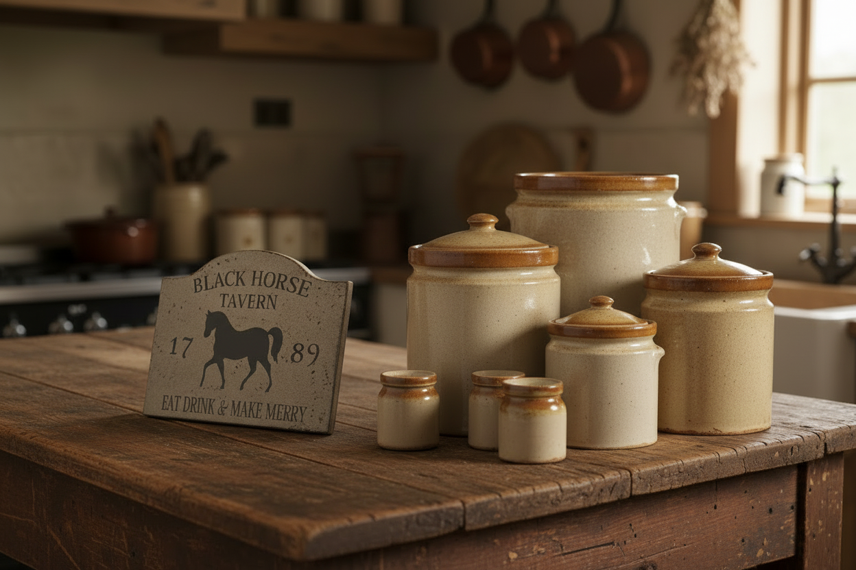 Decorative sign for Black Horse Tavern on a wooden table with ceramic jars in a rustic kitchen setting.