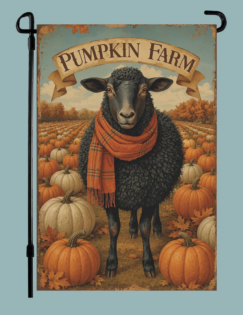 Decorative flag with a sheep wearing an orange scarf and 'Pumpkin Farm' text, set against a background of pumpkins and autumn scenery.