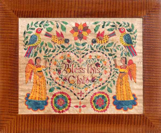 A decorative artwork featuring two yellow angels, floral patterns, and the text 'Bless This Child' in a heart shape.