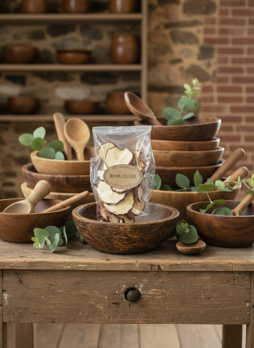 Wooden bowls and utensils on a rustic wooden table with a stone wall background