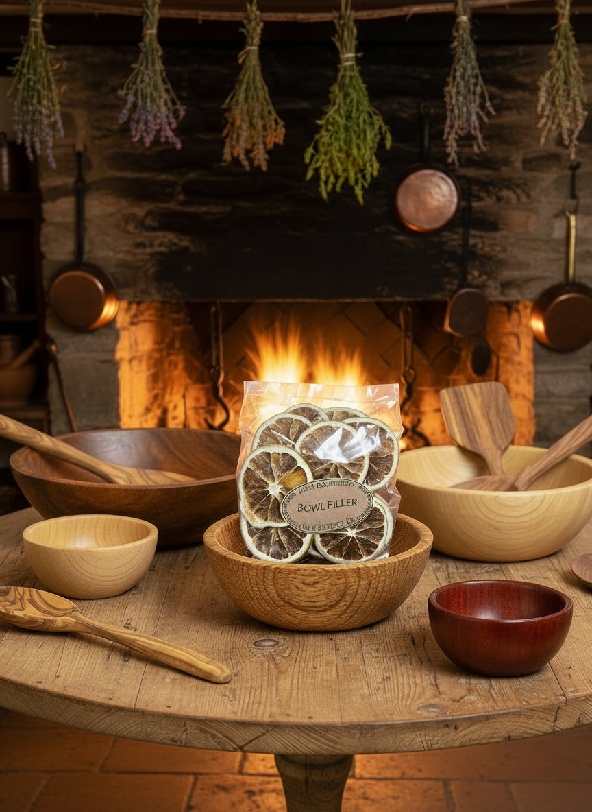Set of wooden kitchen utensils including bowls and spoons on a wooden table with a white background.