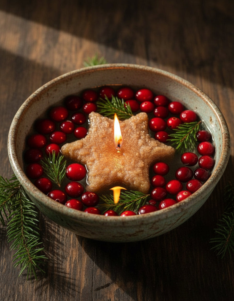 A brown star-shaped floating candle floating in water with berries and greens.