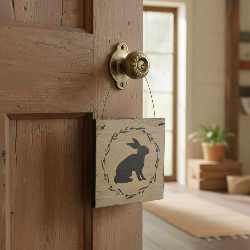 Wooden door with a decorative sign featuring a rabbit silhouette, set in a warm interior.