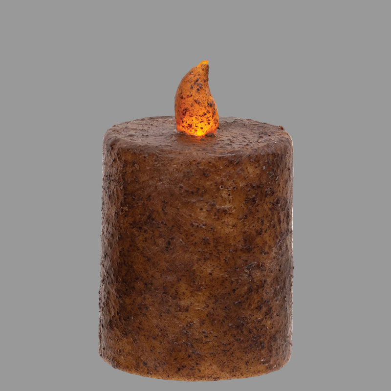 Burnt mustard flame timer pillar on white background