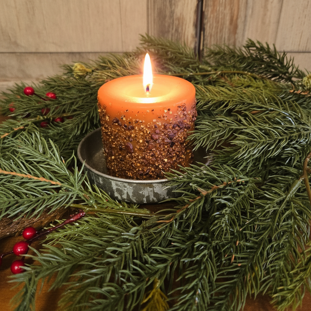 Pillar candle surrounded by candle ring with berries