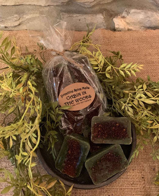 A pack of green wax melts labeled 'Cabin in the Woods' surrounded by artificial greenery.