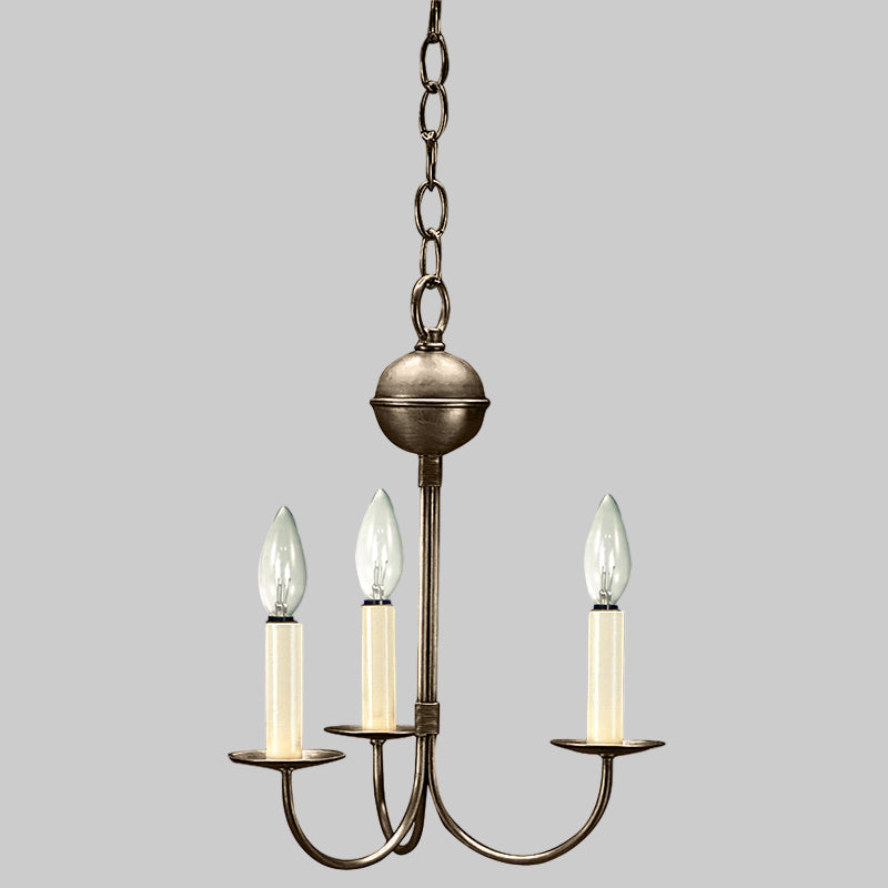 Bronze chandelier with three candle-style lights on a white background