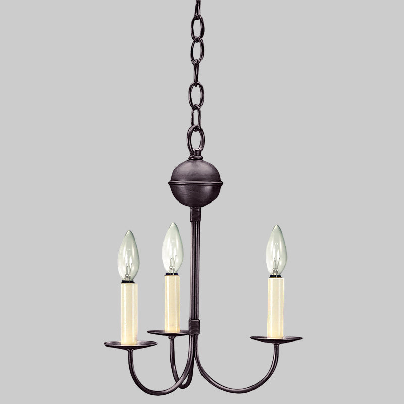 Black chandelier with three candle-style lights on a white background