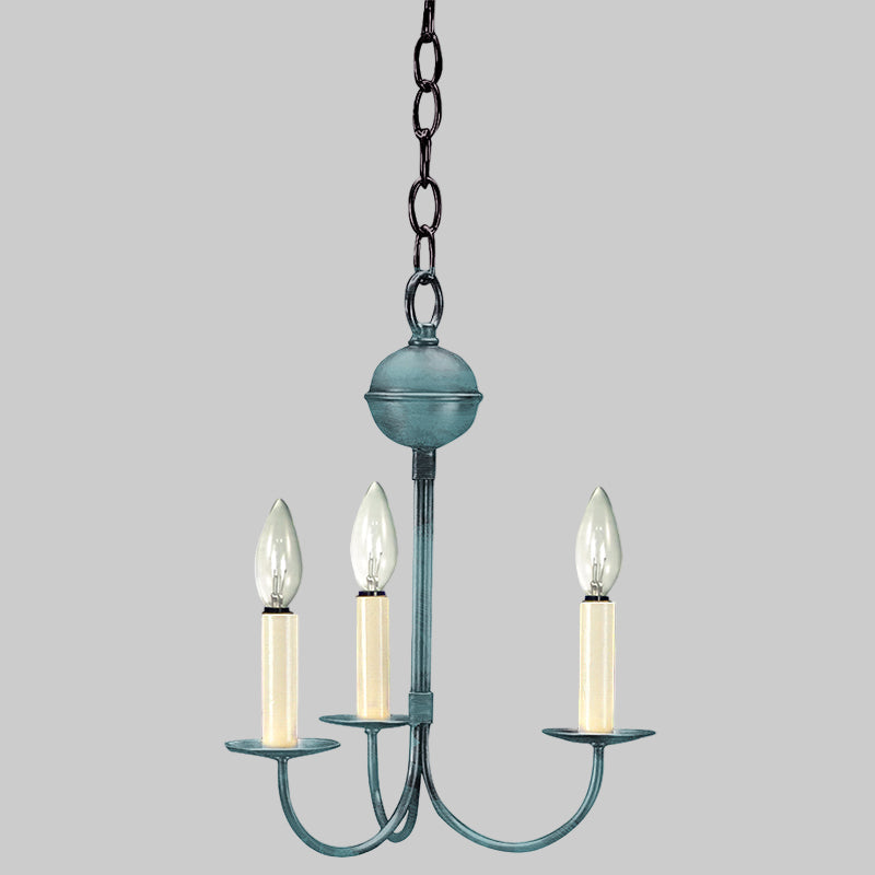 Blue chandelier with three candle-style lights on a white background