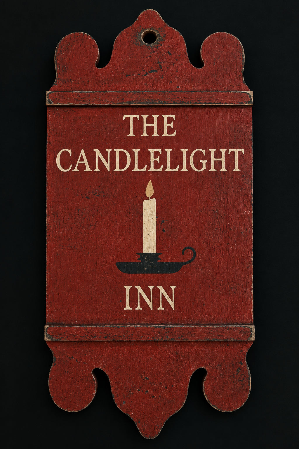 A rustic red wooden hanging sign with scalloped edges and the words 'THE CANDLELIGHT INN' in beige lettering, plus a candle icon in the center, shown against a dark background.