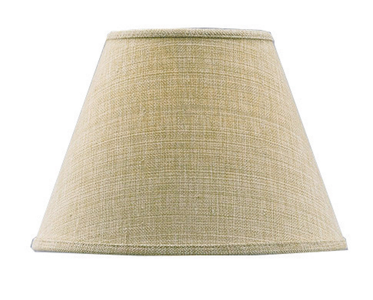 A beige cotton lampshade with a tapered shape, hand trimmed and sewn, over an opaque backing.