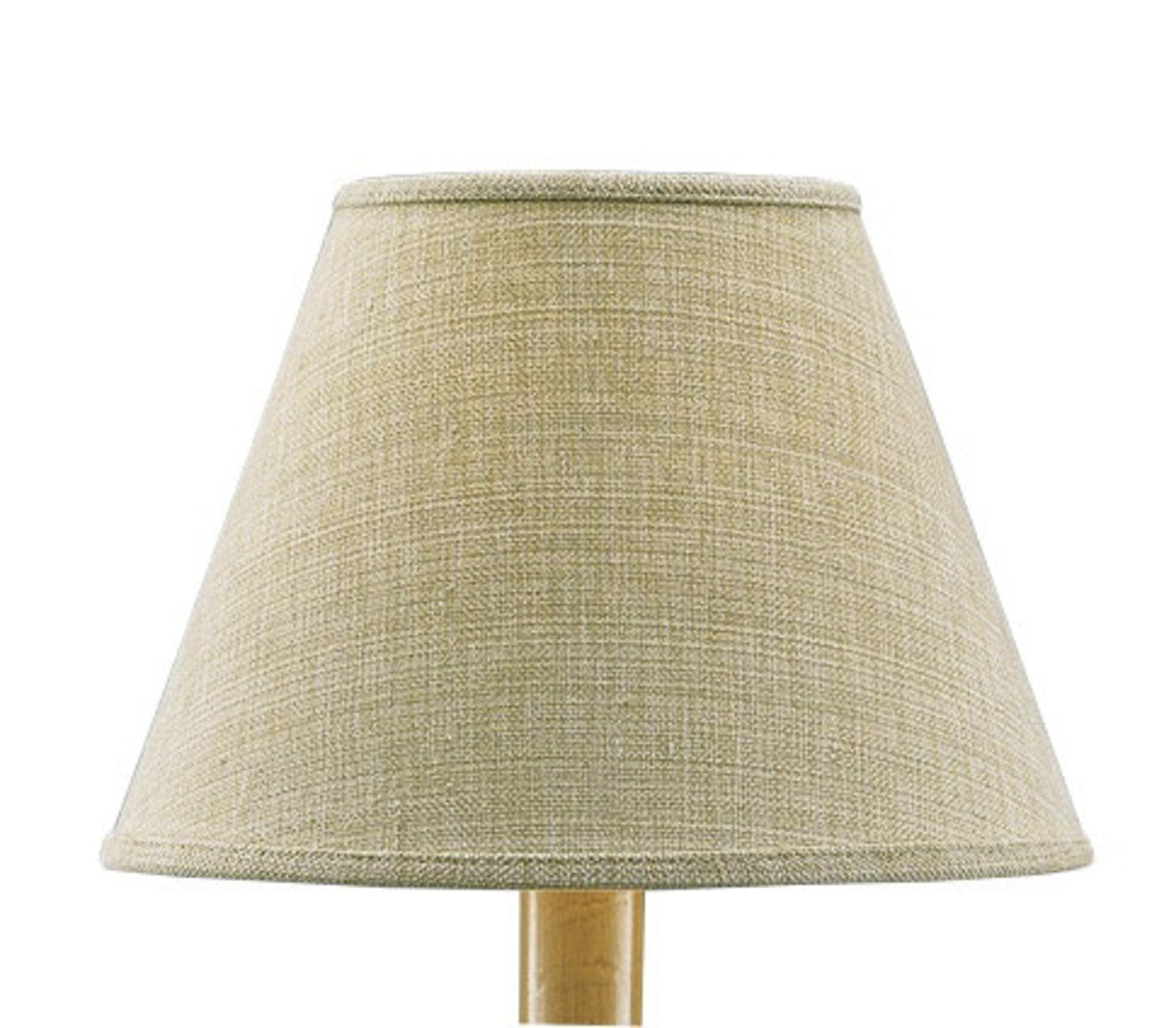 A beige cotton lampshade with a tapered shape, hand-trimmed and sewn, displayed on a stand.