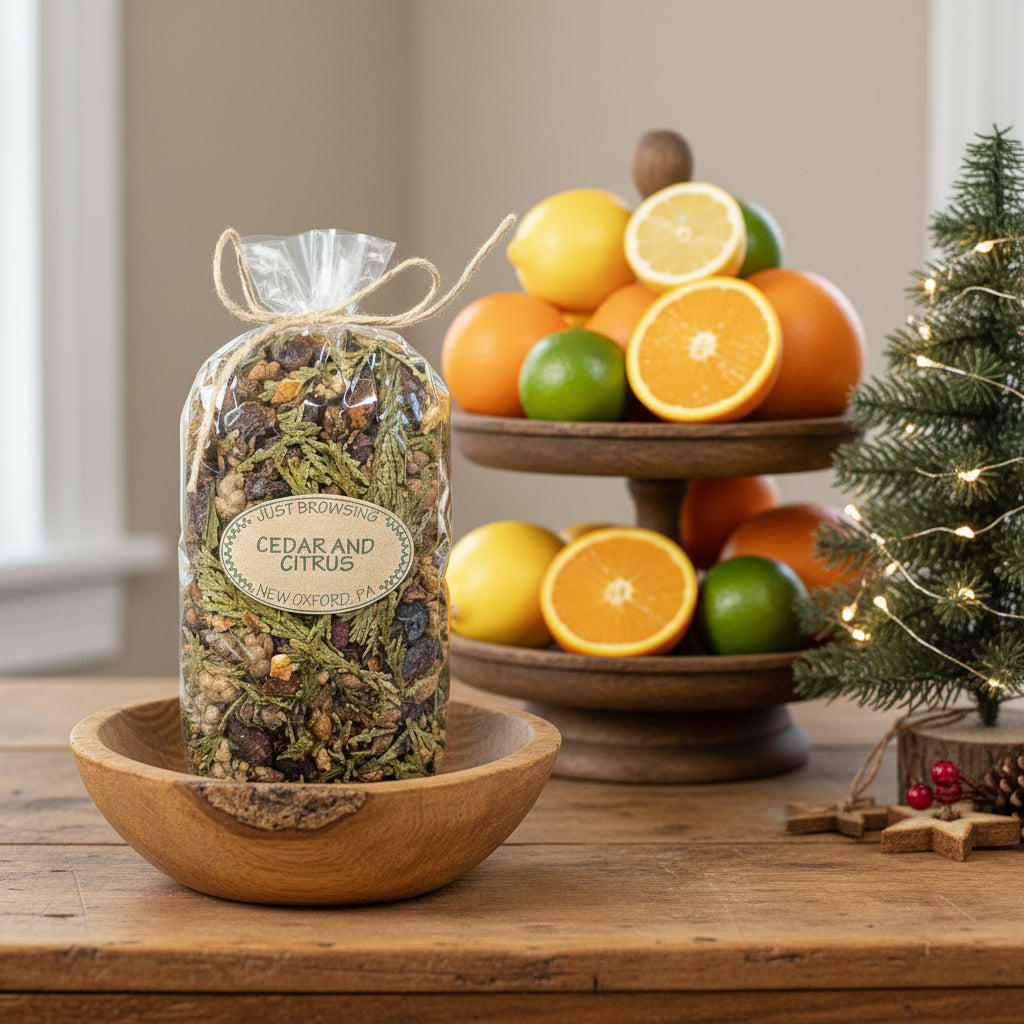 Decorative bag of cedar and citrus potpourri on a wooden bowl with fruit and a small Christmas tree in the background.