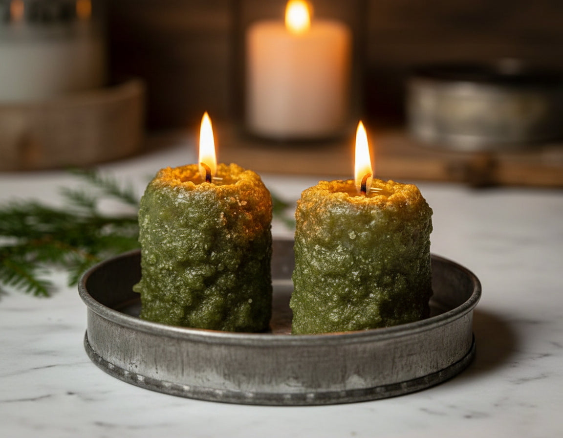 Two cedar berry fat votives burning on a primitive tin pan.