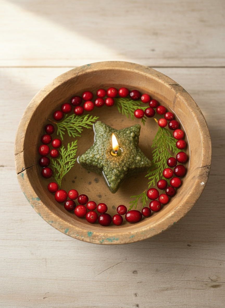 A large star-shaped floating candle with a cedar berry scent floating in water with greens and berries.