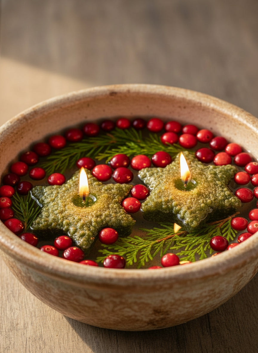 Two small star-shaped floating candles with a green tint floating in water with fresh greens and berries.