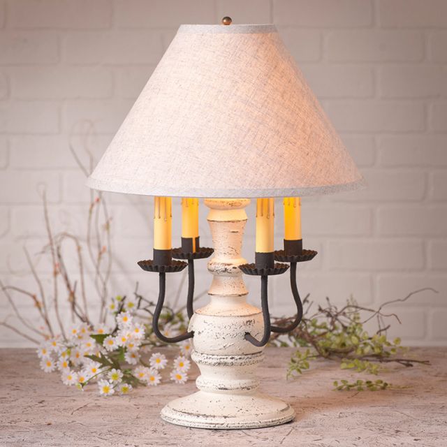 Cedar Creek Wood Table Lamp in Americana Vintage White with Fabric Linen Shade