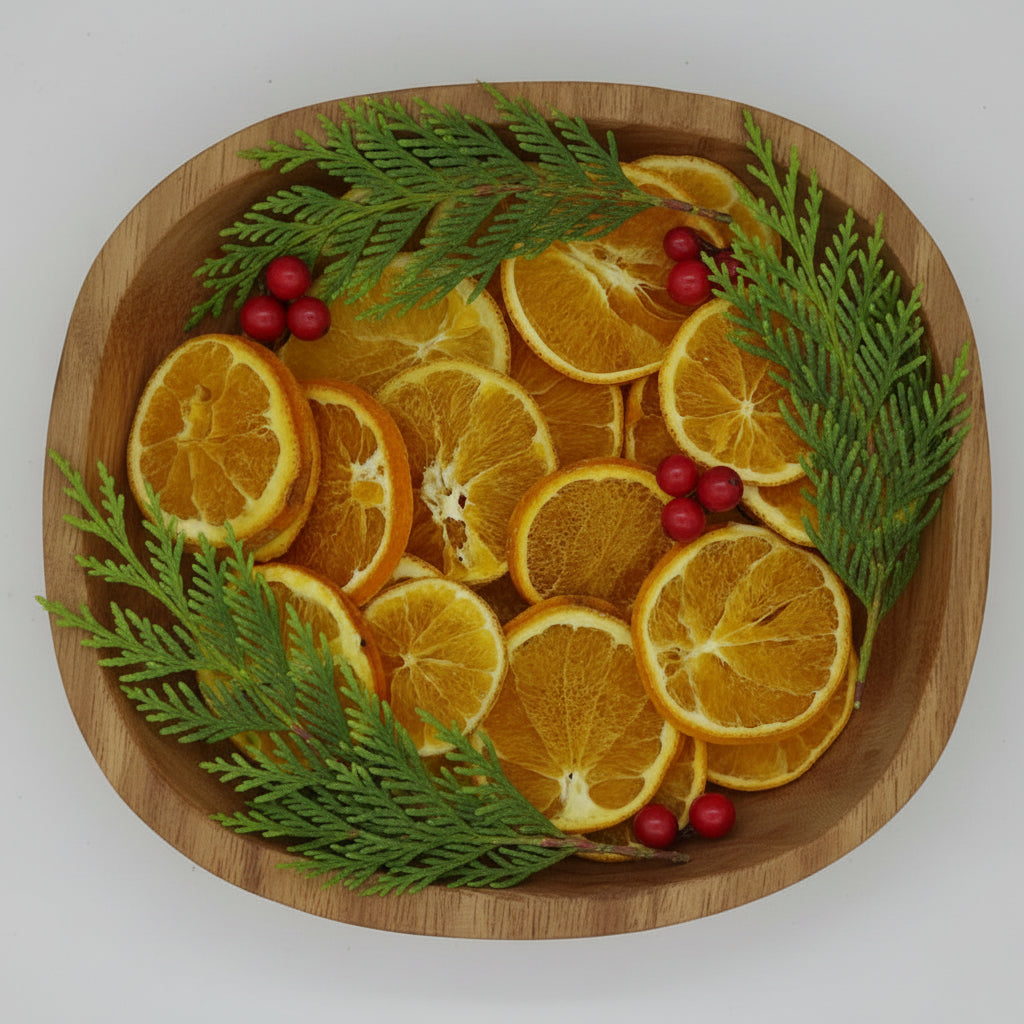 Dried orange slices in a wood bowl.