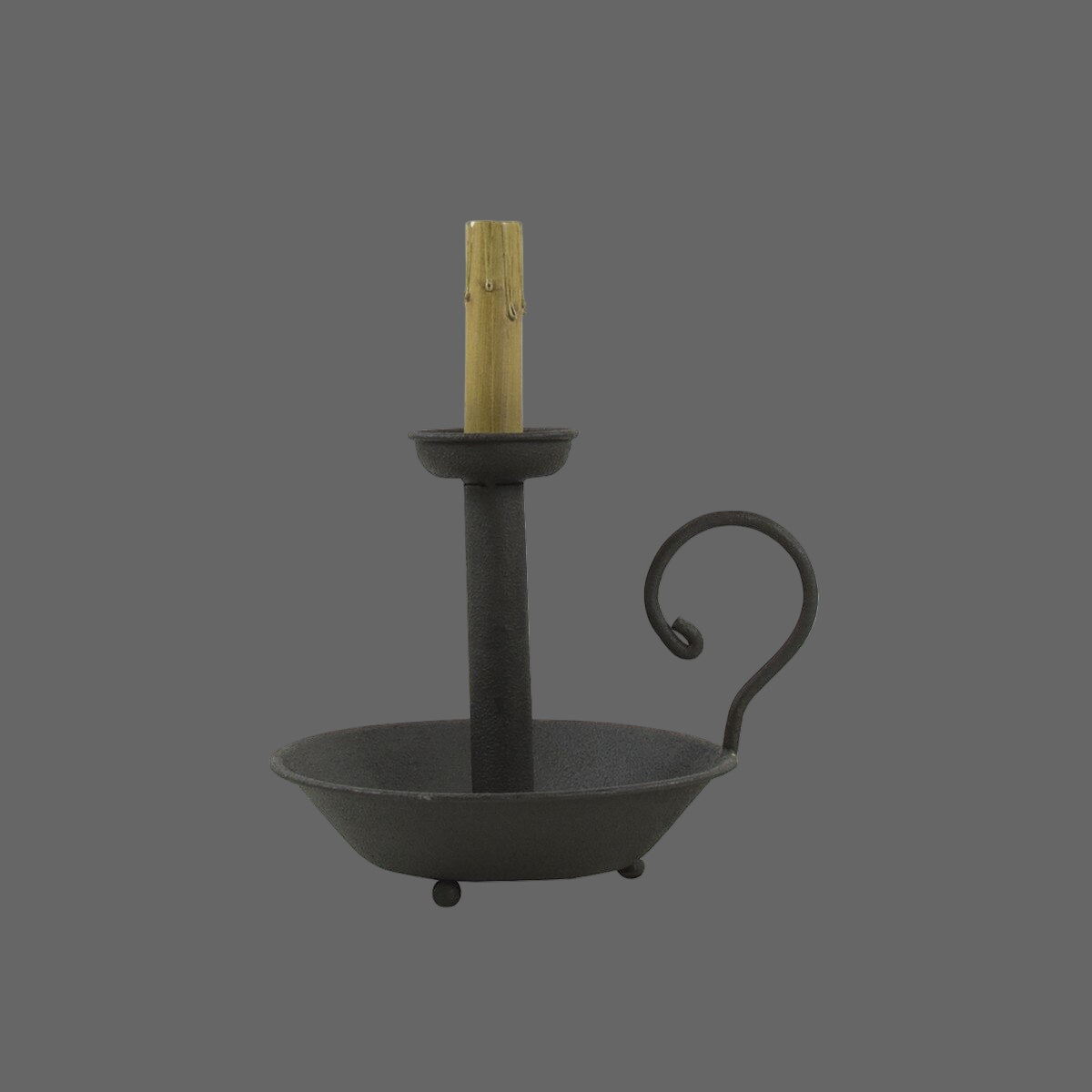 A 13 inch black chamberstick lamp with a candle holder on top, set against a gray background.