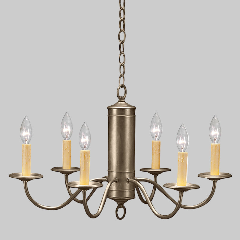 Bronze chandelier with six candle-style lights on a white background